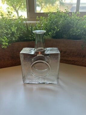 Iittala Clear Glass Kosta Boda Style Square Bottle Vase with Circular Cutout